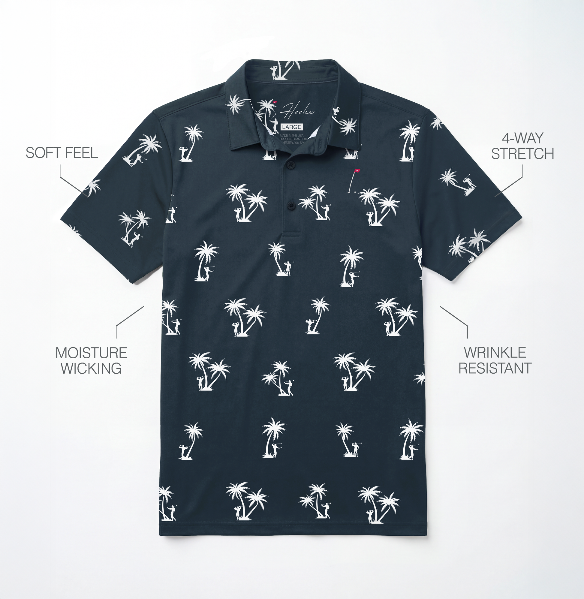 Palm-Ah Men's Golf Polo in Blue Steel with palm tree pattern and bodybuilder silhouettes laying on a white background with performance feature descriptions