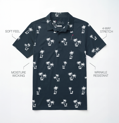 Palm-Ah Men's Golf Polo in Blue Steel with palm tree pattern and bodybuilder silhouettes laying on a white background with performance feature descriptions