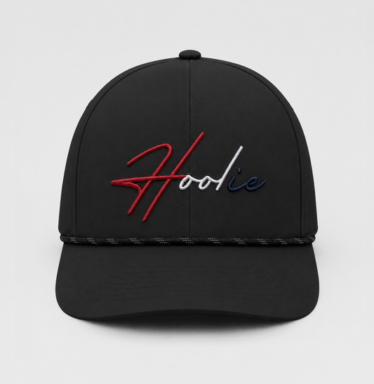 Black Hat with Rope feature and Hoolie logo in Red White and Blue Embroidery