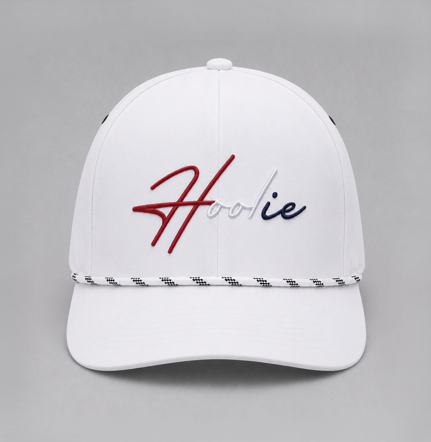 White Hat with Rope feature and Hoolie logo in Red White and Blue Embroidery
