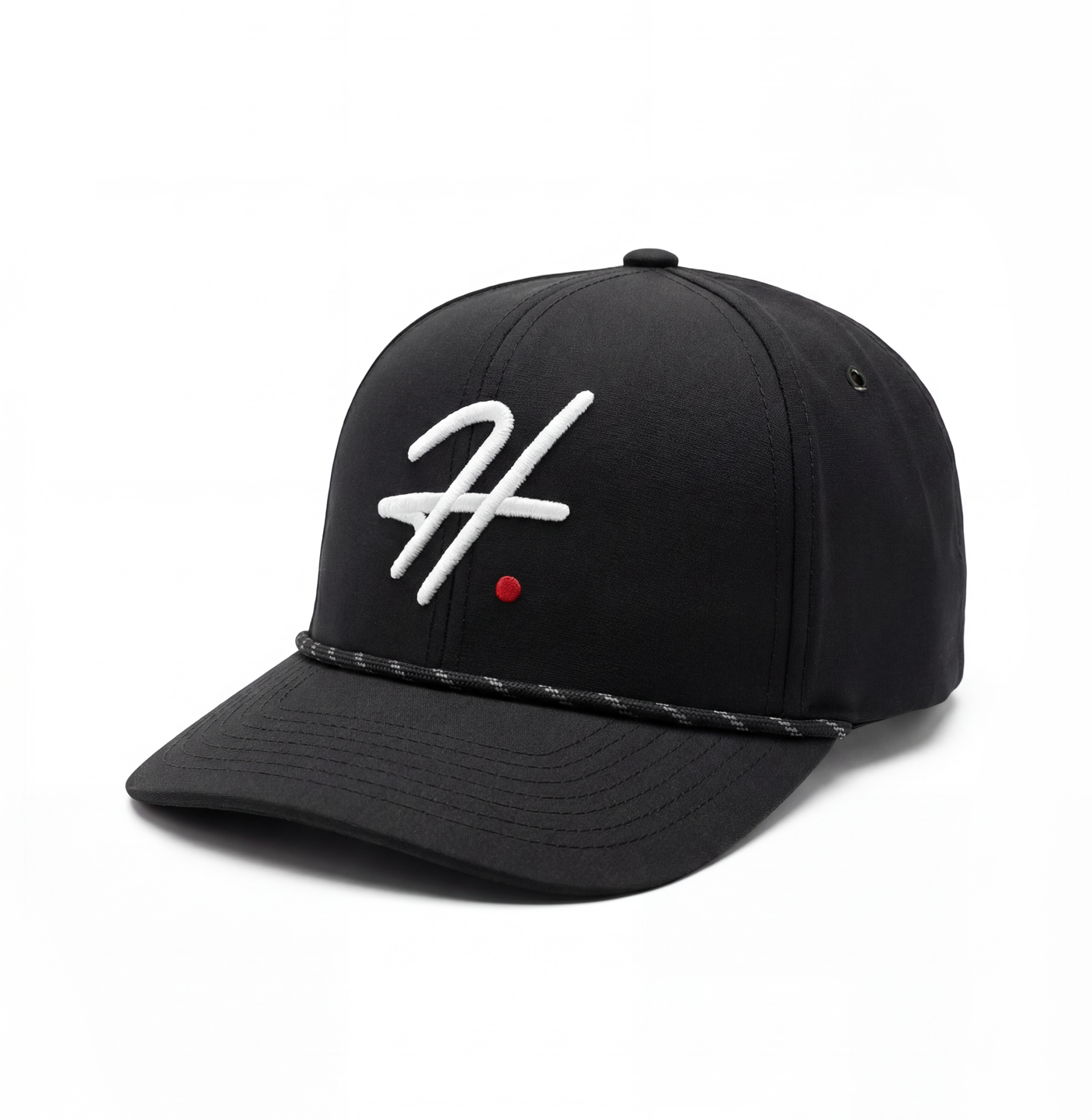 Black cap with a white H logo and a red dot on a white background