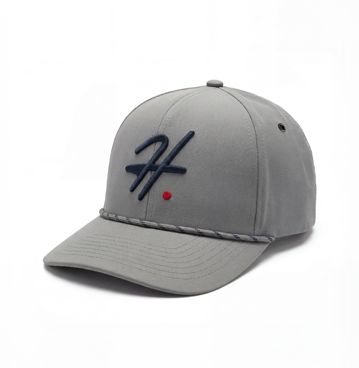 Gray cap with a blue H logo and a red dot on a white background