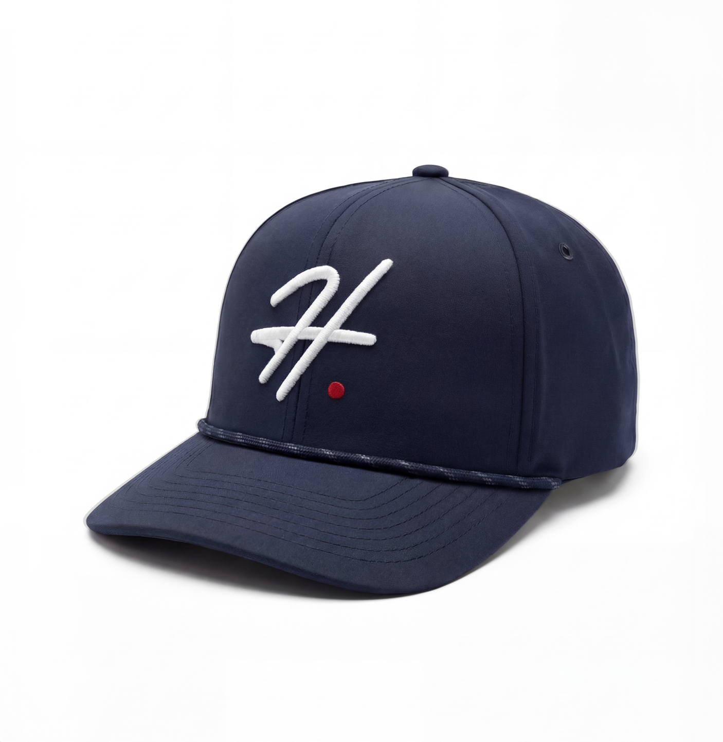 Navy Blue cap with a white H logo and a red dot on a white background