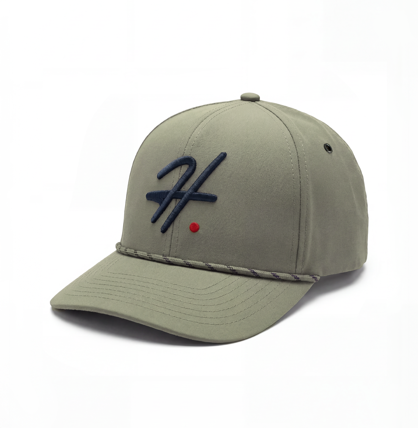 Olive cap with a blue H logo and a red dot on a white background