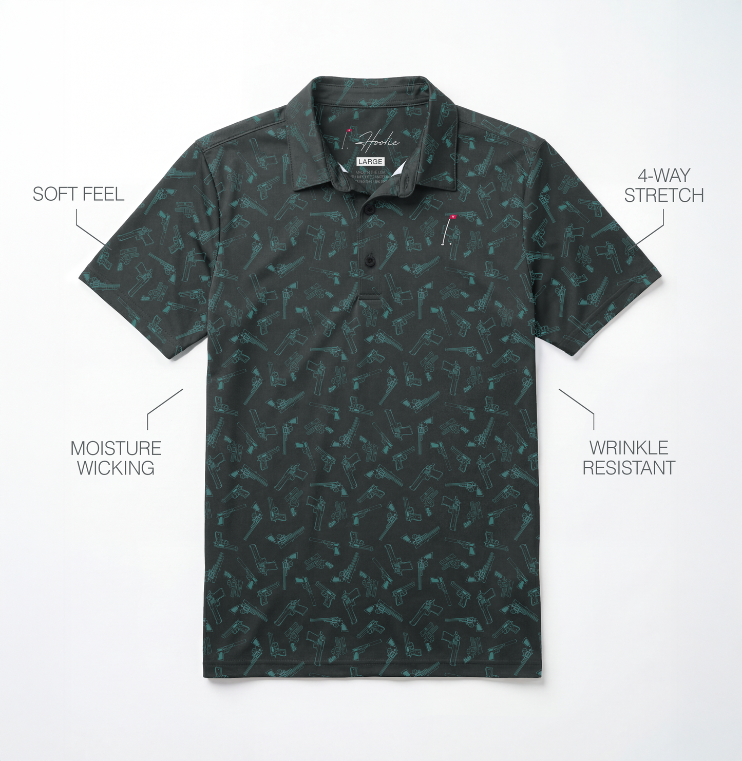 Straight Shooter Men's Golf Polo in Cool Gray laying on a White surface with performance feature descriptions