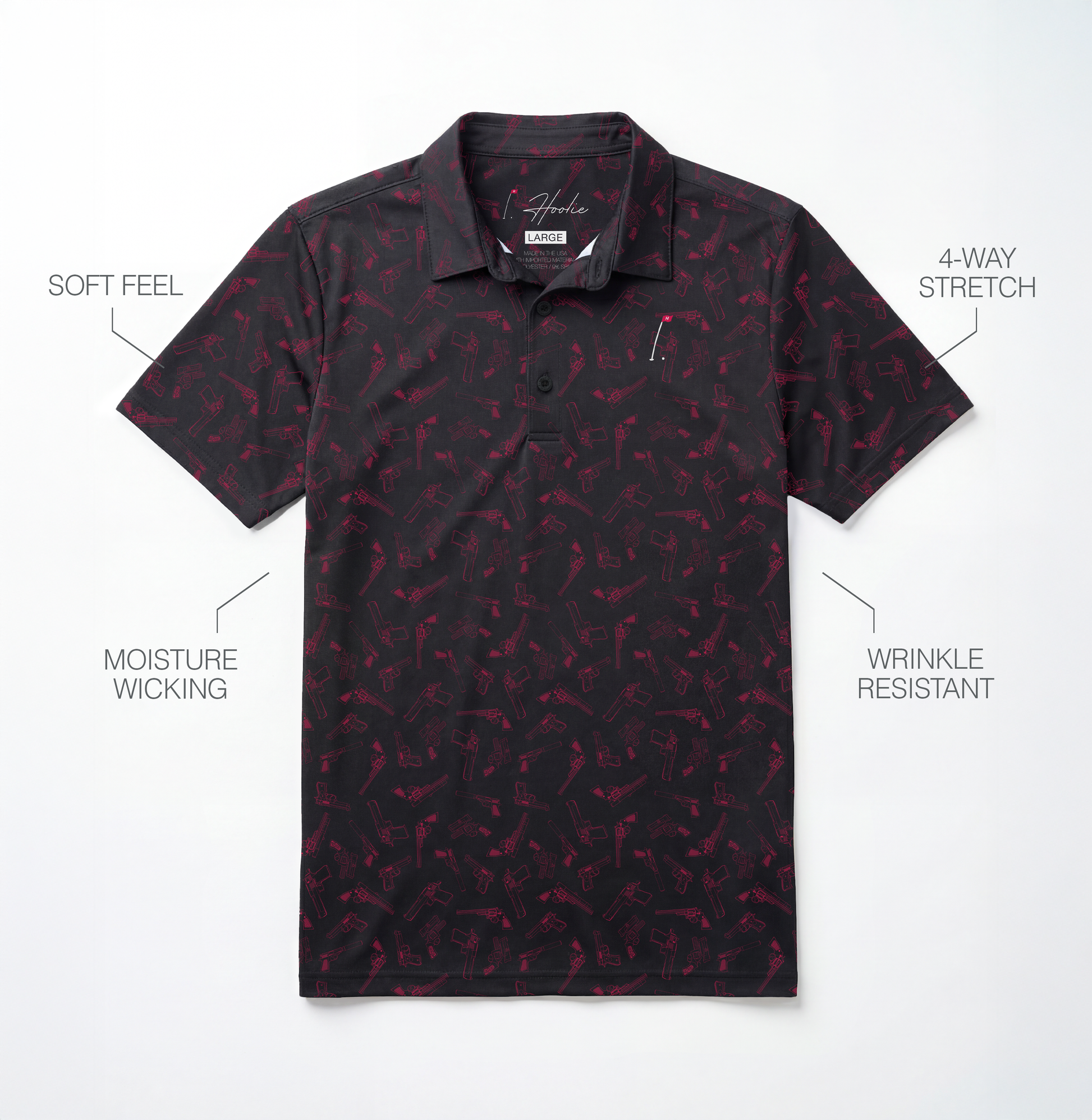 Straight Shooter Men's Golf Polo in Midnight laying on a White surface with performance feature descriptions