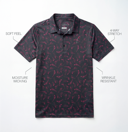 Straight Shooter Men's Golf Polo in Midnight laying on a White surface with performance feature descriptions