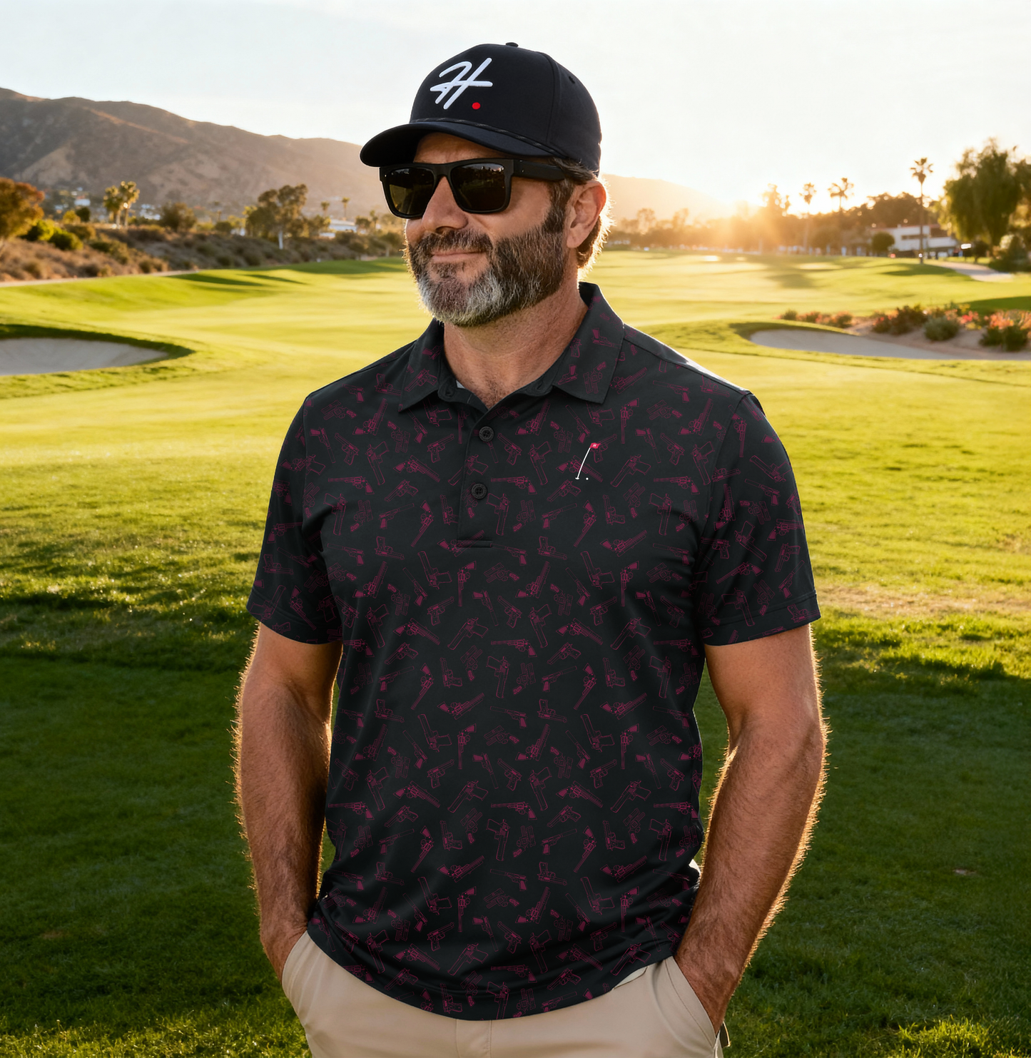 Midnight Straight Shooter Men's Golf Polo with red side arm pattern overlayed on a black background