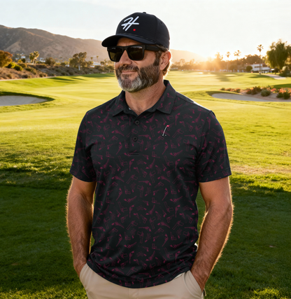 Midnight Straight Shooter Men's Golf Polo with red side arm pattern overlayed on a black background