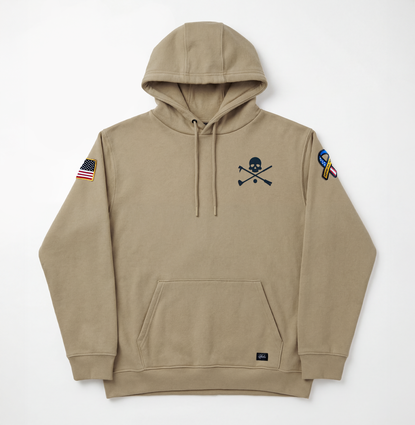 Coyote Tan hoodie with Hoolie X Bones patch, an American Flag and a Support the Troops patch. Limited Edition Hoodie.