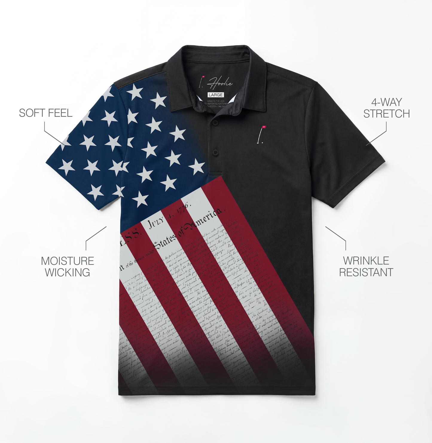 Patriotic Men's Black Golf Polo shirt with American flag design with Declaration of Independence overlay  laying on flat surface. Performance features shown. Inspired by USA's 250th