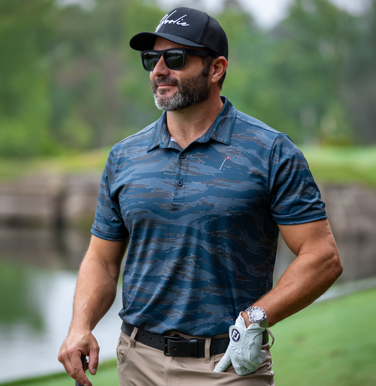 Man wearing Blue Tiger Stripe Men's Golf Polo
