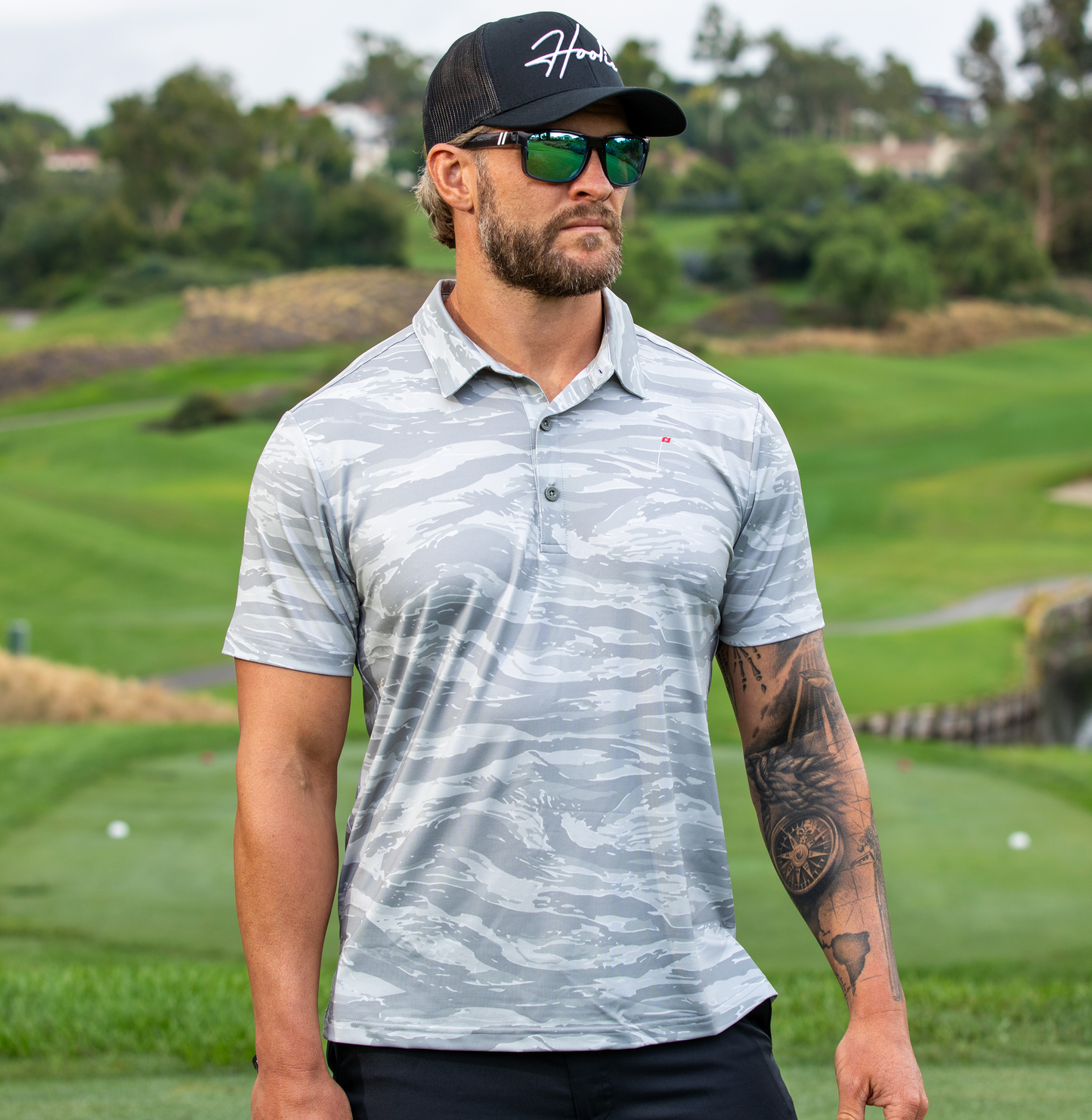 Haze Gray Tiger Stripe Men's Golf Polo with military camouflage pattern